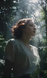 a woman in the woods with sun streaming through trees