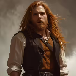 a man in a vest and brown shirt with long hair standing on a cloudy day