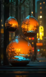 three round glass vases hanging from a line with city lights in the background