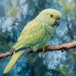 a large green parrot sitting on a branch in a forest