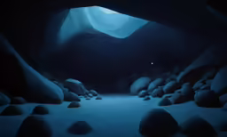 an icy dark cave with rocks and ice