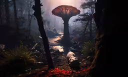 the dark woods are lit by an umbrella