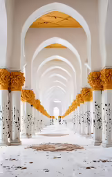 an image of an hallway with arches and yellow flowers