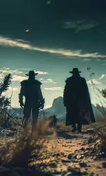 a couple of men walking down a dirt road