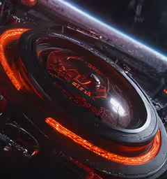 a futuristic space station with neon lights and a planet view,an open view from the top of a spaceship