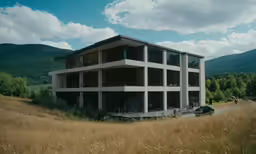 the house is standing on a hill side in a grassy area