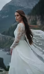 a beautiful bride stands on top of a mountain