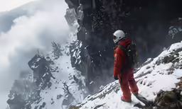 the man is standing on a snow covered mountain overlooking a cliff