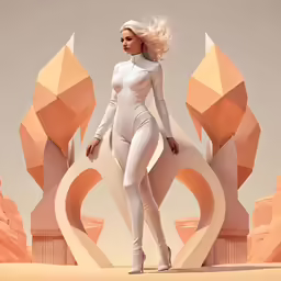 a woman in a white catsuit is standing near some sculpture