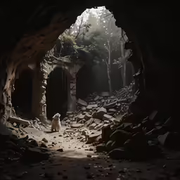 a dog is sitting in an area that is dimly lit