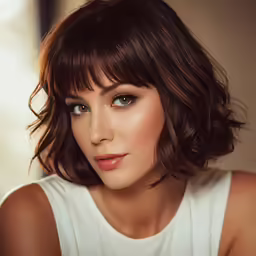 a woman with medium hair wearing a white shirt