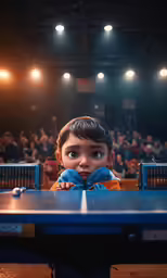 a child stares at a ping pong table in the middle of a crowded arena