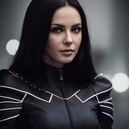 a woman in black leather wearing a zipper up jacket