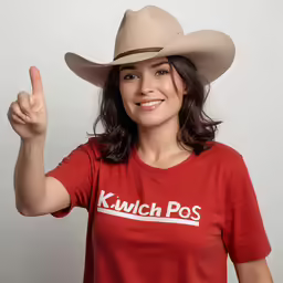 young lady with hat, giving an peace sign