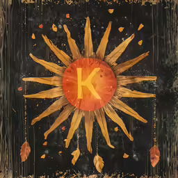 a painting with the letter k and a circle of sunflowers
