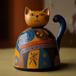 a plastic cat is sitting on top of a tea pot