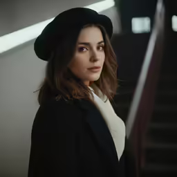 a woman wearing a black hat standing next to stairs