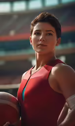 a girl standing by an arena with her basketball