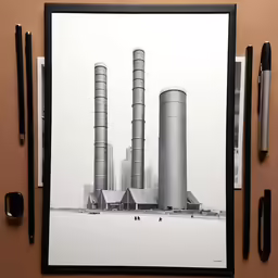 an art work with two steel towers in front of buildings