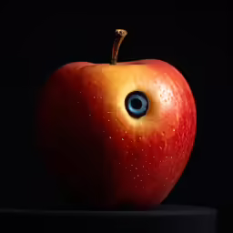 an image of a red apple with eyeballs