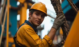 a construction worker wears a safety helmet while standing in a factory