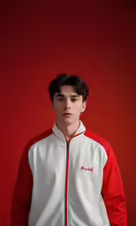a young man is posing for a picture wearing a track jacket