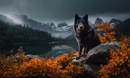a big black dog standing on top of a rock