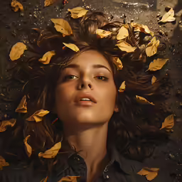 a young woman is seen surrounded by leaves