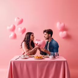 man and woman standing at a table with pink hearts