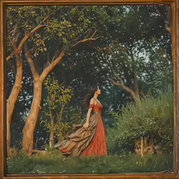 a woman wearing an orange dress walking in the woods
