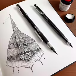 pen and ink sketch of triangle design,a drawing of an umbrella on top of a book