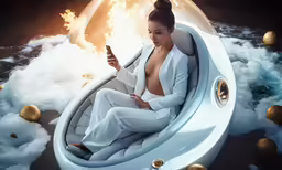 an exotic woman is sitting in the space with the wording selfie on it