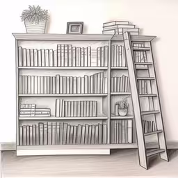 a drawing of a bookcase filled with books and a ladder