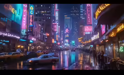 a rainy city at night, full of neon signs and vehicles