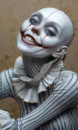 a creepy clown with a red nose wearing striped pants and a collar