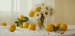 a glass vase with white daisies and yellow lemons