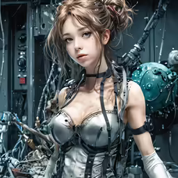 a woman in costume with multiple pieces of equipment