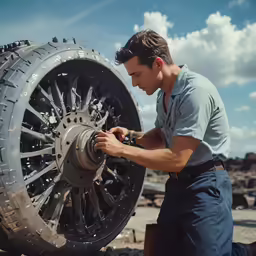 a man working on a tire in front of a pile of trash