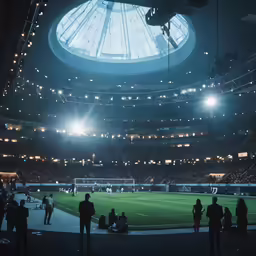 a stadium filled with people next to a soccer field