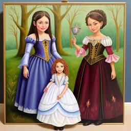the image of two women is painted with gold,a painting of two young women in dresses and tiaras