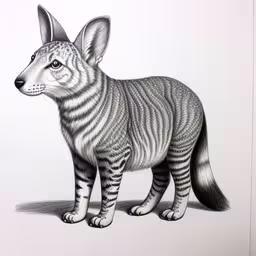 a black and white drawing of a cat,a drawing of a small animal with a long tail and black stripes on it