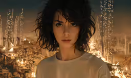 woman with large curly hair standing in front of a cityscape