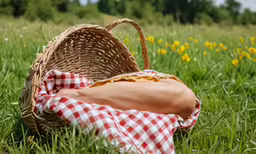 a picnic basket sitting on a red checkered blanket next to another picnic basket
