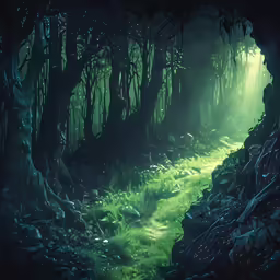 a pathway leading to the forest with bright lights