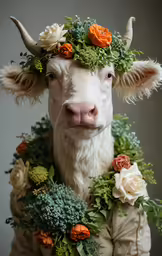 there is a cow that is wearing a flower wreath