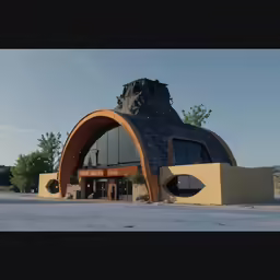 an unusually designed building sits on the side of the road