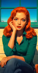 an illustration of red headed woman with blue eyes and red hair sitting on a window sill