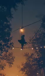 the silhouette of a figure hanging upside down and stringing with some light bulbs