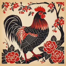 an oriental rooster with flowers on its back