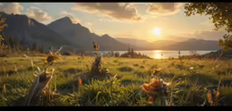 some animals in the grass by some water and mountains